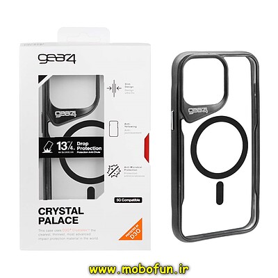 قاب گوشی iPhone 15 Pro Max آیفون اورجینال جیرفور gear4 طرح CRYSTAL PLACE طلقی شیشه ای مگ سیف دار شفاف دکمه کرومی مشکی کد 21086