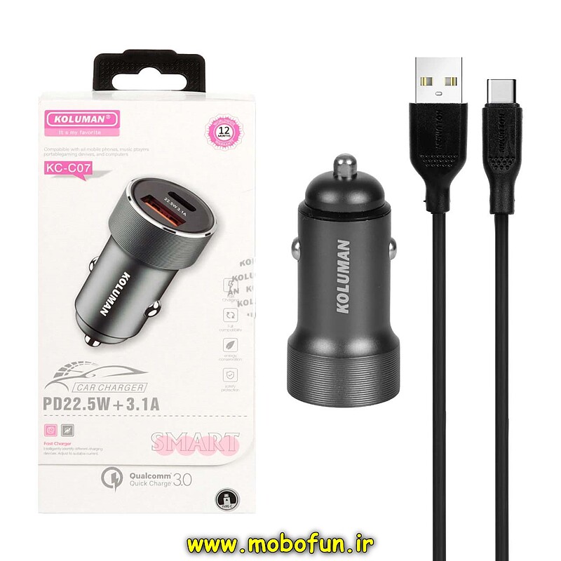 شارژر فندکی 22 وات کلومن مدل KC-C07 به همراه کابل تبدیل USB-C