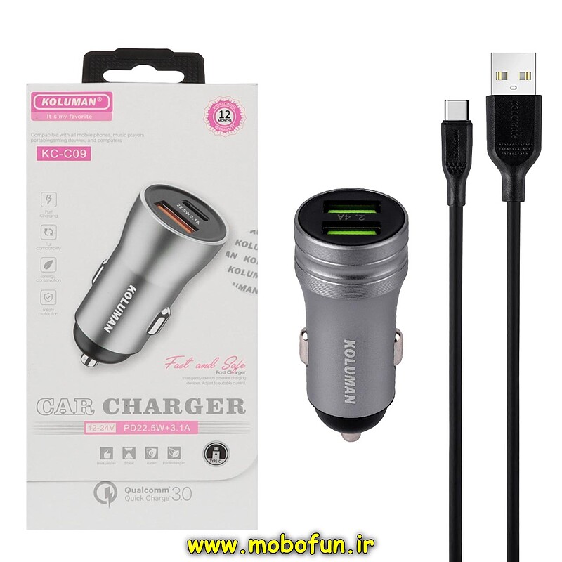 شارژر فندکی 22 وات کلومن مدل KC-C09 به همراه کابل تبدیل USB-C