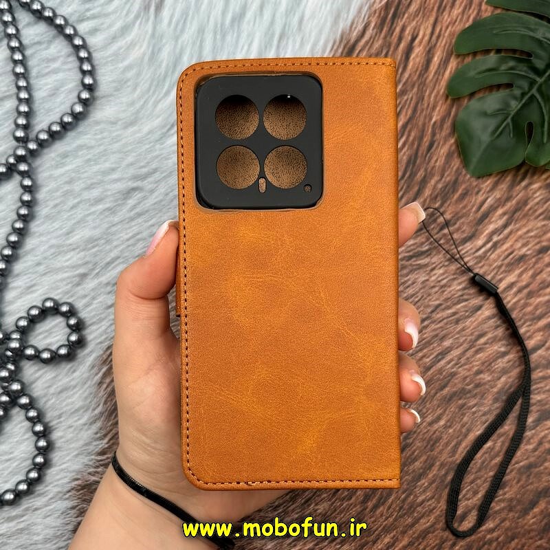 کیف گوشی Xiaomi 14 شیائومی مگنتی طرح چرم کتابی بند آویز دار محافظ لنزدار عسلی کد 13994