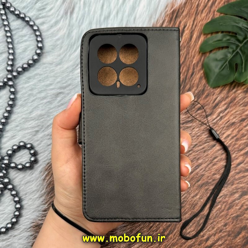 کیف گوشی Xiaomi 14 شیائومی مگنتی طرح چرم کتابی بند آویز دار محافظ لنزدار مشکی کد 13995