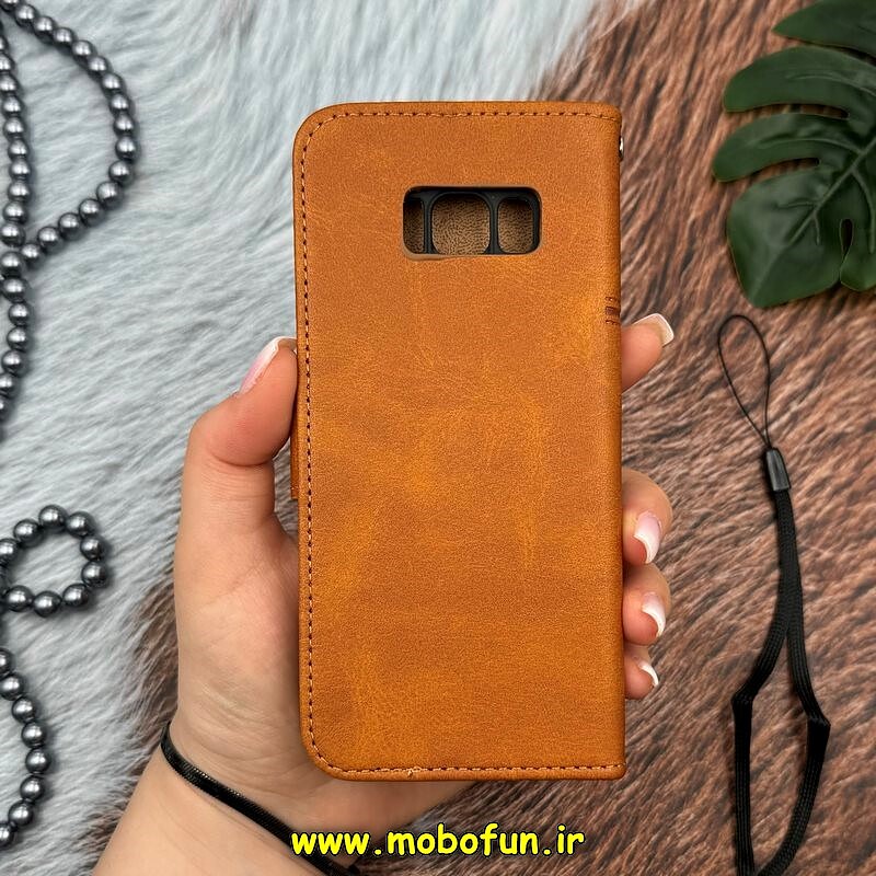 کیف گوشی Galaxy S8 سامسونگ مگنتی طرح چرم کتابی بند آویز دار محافظ لنزدار عسلی کد 13997