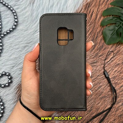 کیف گوشی Galaxy S9 سامسونگ مگنتی طرح چرم کتابی بند آویز دار محافظ لنزدار مشکی کد 14002