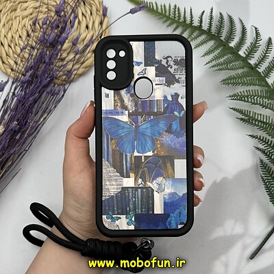 قاب گوشی Galaxy A11 - Galaxy M11 سامسونگ طرح سیلیکونی Solid چرمی کبریتی محافظ لنزدار بند دار کنفی طرح پروانه آبی کد 13883