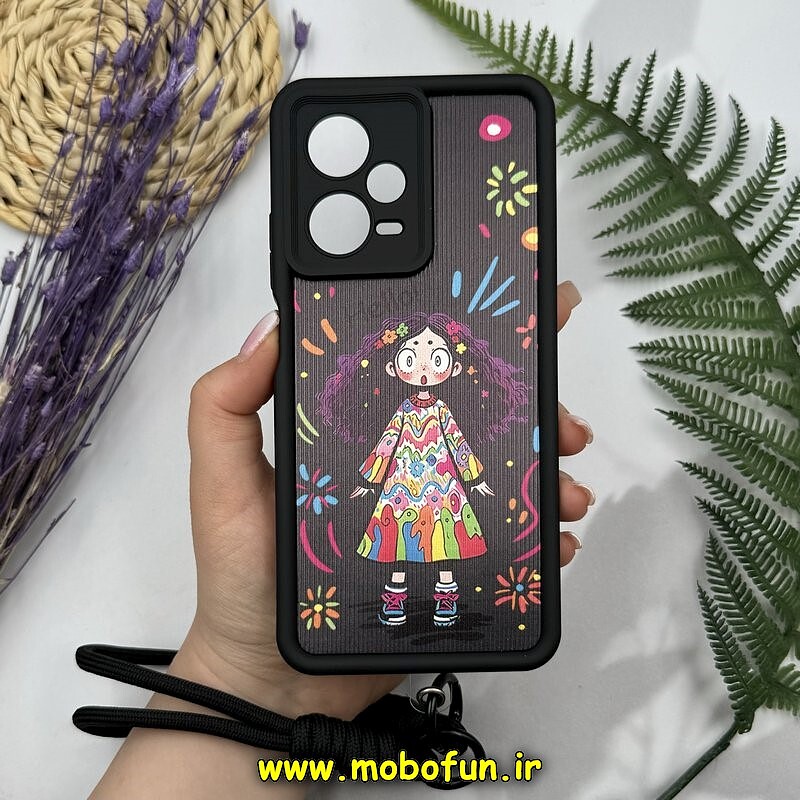 قاب گوشی Redmi Note 12 Pro Plus 5G - Redmi Note 12 Explorer شیائومی طرح سیلیکونی Solid چرمی کبریتی محافظ لنزدار بند دار کنفی طرح دخترونه مشکی کد 14079