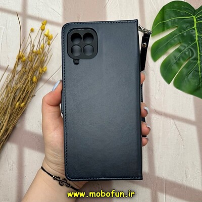 کیف گوشی Galaxy M33 5G سامسونگ مگنتی محافظ لنز دار طرح چرم کتابی بند چرمی سرمه ای کد 14519