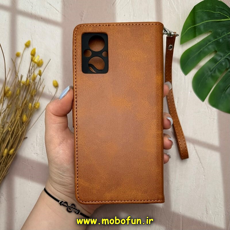 کیف گوشی Poco M5 - Redmi 11 Prime 4G شیائومی مگنتی محافظ لنز دار طرح چرم کتابی بند چرمی عسلی کد 14544