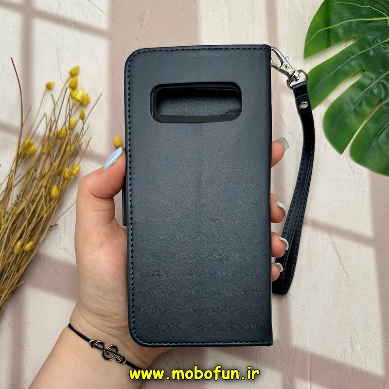 کیف گوشی Galaxy S10 plus سامسونگ مگنتی محافظ لنز دار طرح چرم کتابی بند چرمی سرمه ای کد 14552