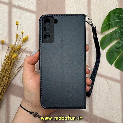 کیف گوشی Galaxy S21 plus سامسونگ مگنتی محافظ لنز دار طرح چرم کتابی بند چرمی سرمه ای کد 14558