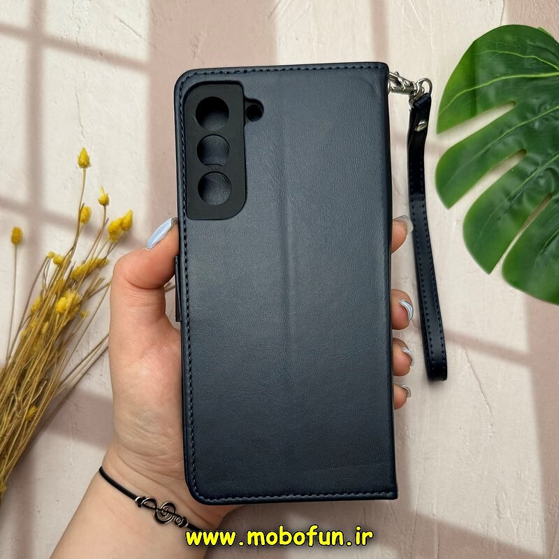 کیف گوشی Galaxy S22 plus سامسونگ مگنتی محافظ لنز دار طرح چرم کتابی بند چرمی سرمه ای کد 14560