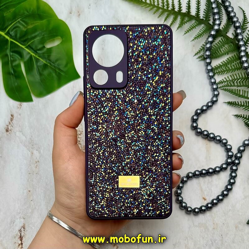 قاب گوشی Xiaomi 13 Lite شیائومی نگین دار سواروسکی پلاک فلزی اورجینال محافظ لنز دار بنفش تیره کد 14354