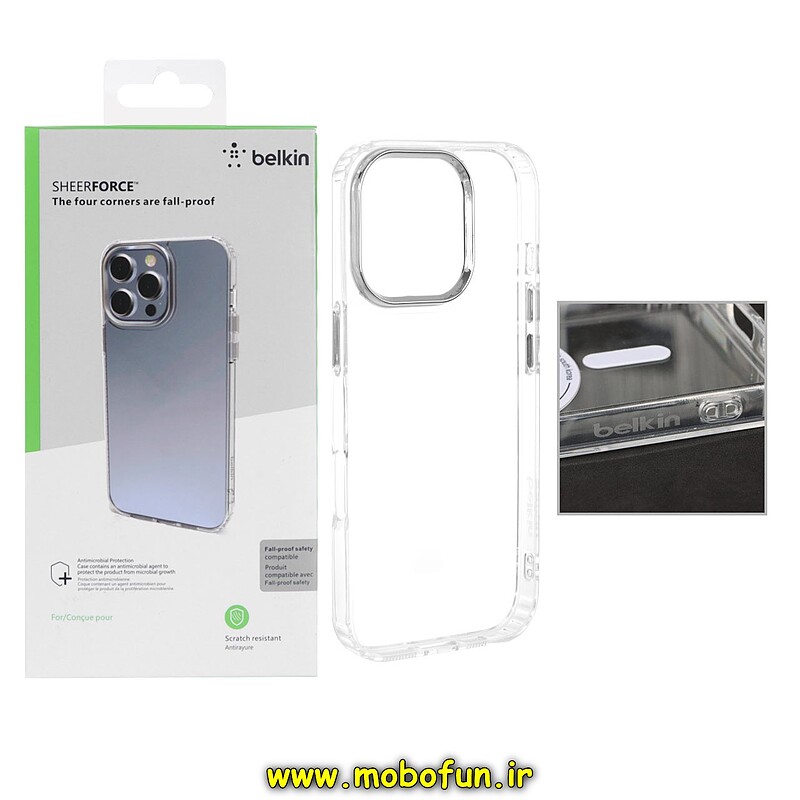 قاب گوشی iPhone 16 Pro آیفون اورجینال بلکین belkin طرح طلقی شیشه ای شفاف کرومی کد 26301