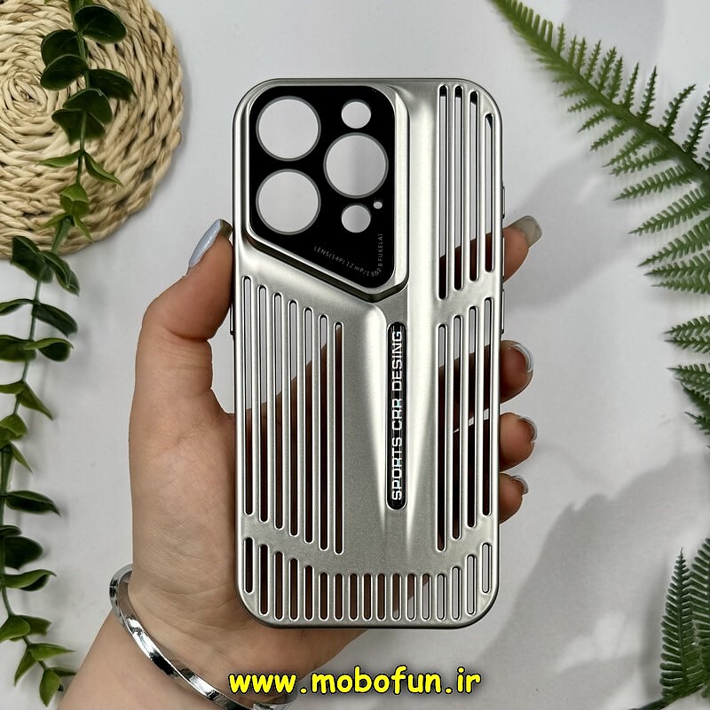 قاب گوشی iPhone 15 Pro آیفون اورجینال PROTECTIVE CASE سری CAR DESIGN محافظ لنز دار شیشه ای نقره ای کد 27594