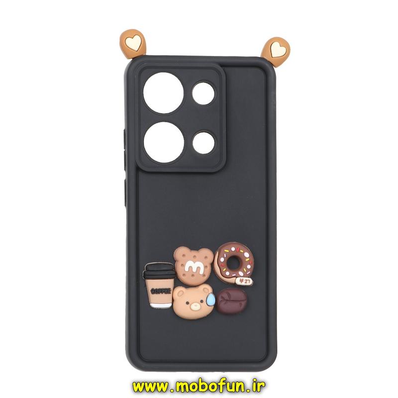 قاب گوشی Redmi Note 13 Pro 4G / Poco M6 Pro 4G / Redmi Note 14S شیائومی طرح سیلیکونی Solid عروسکی برجسته گوش دار محافظ لنزدار طرح خرسی COFFEE مشکی کد 28085