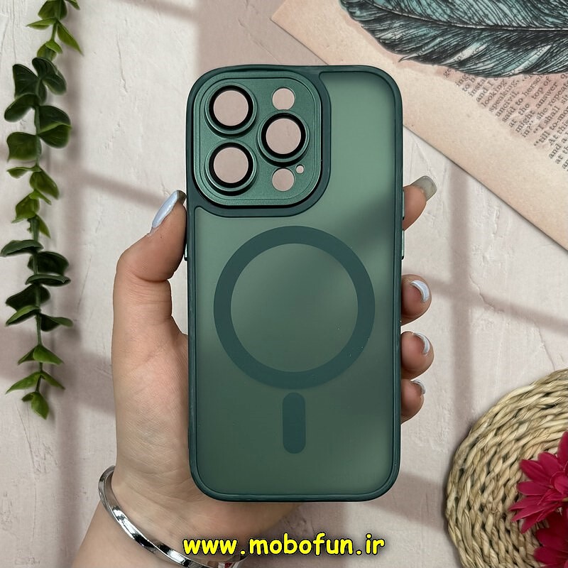 قاب گوشی iPhone 14 Pro آیفون پشت مات اورجینال MagCase مگ سیف دار دور سیلیکونی محافظ لنز دار شیشه ای سبز تیره کد 28246