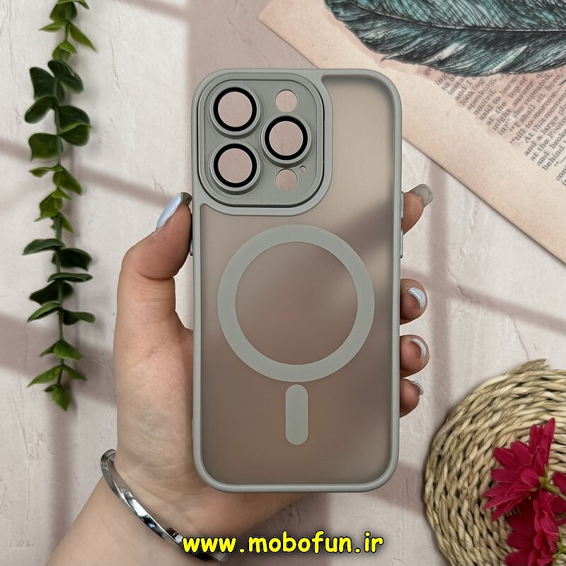 قاب گوشی iPhone 14 Pro آیفون پشت مات اورجینال MagCase مگ سیف دار دور سیلیکونی محافظ لنز دار شیشه ای خاکستری کد 28248