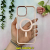قاب گوشی iPhone 12 Pro Max آیفون اورجینال متال کیس Metal فلزی طرح پشت طلق شفاف مگ سیف دار دور سیلیکونی صورتی چرک کد 28258