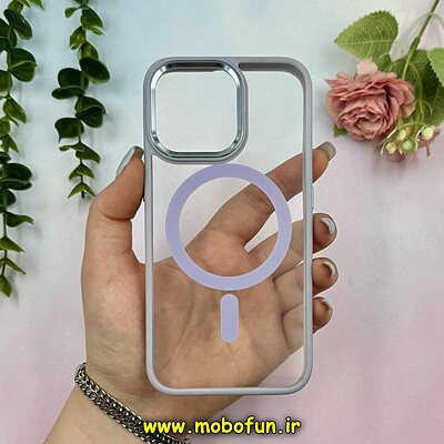 قاب گوشی iPhone 13 Pro آیفون اورجینال متال کیس Metal فلزی طرح پشت طلق شفاف مگ سیف دار دور سیلیکونی آبی فیلی کد 28262