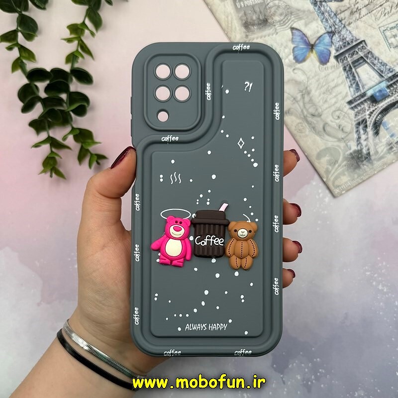 قاب گوشی Galaxy A12 - Galaxy M12 سامسونگ طرح سیلیکونی ژله ای سولید SOLID منحنی سه بعدی برجسته عروسکی COFFEE Baby محافظ لنز دار طوسی کد 15483