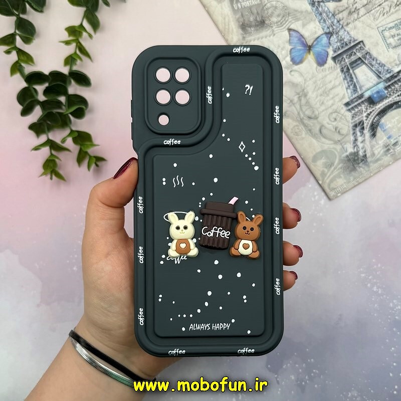 قاب گوشی Galaxy A12 - Galaxy M12 سامسونگ طرح سیلیکونی ژله ای سولید SOLID منحنی سه بعدی برجسته عروسکی COFFEE Baby محافظ لنز دار خاکستری کد 15484