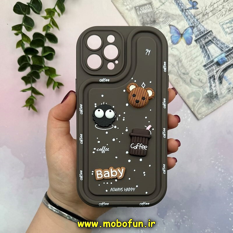 قاب گوشی iPhone 12 Pro Max آیفون طرح سیلیکونی ژله ای سولید SOLID منحنی سه بعدی برجسته عروسکی COFFEE Baby محافظ لنز دار قهوه ای کد 15515