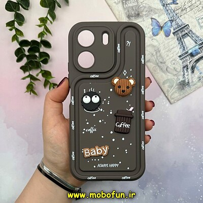 قاب گوشی Redmi 13C - Poco C65 شیائومی طرح سیلیکونی ژله ای سولید SOLID منحنی سه بعدی برجسته عروسکی COFFEE Baby محافظ لنز دار قهوه ای کد 15534