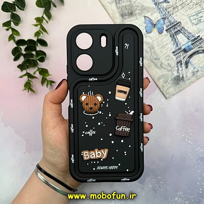 قاب گوشی Redmi 13C - Poco C65 شیائومی طرح سیلیکونی ژله ای سولید SOLID منحنی سه بعدی برجسته عروسکی COFFEE Baby محافظ لنز دار مشکی کد 15535