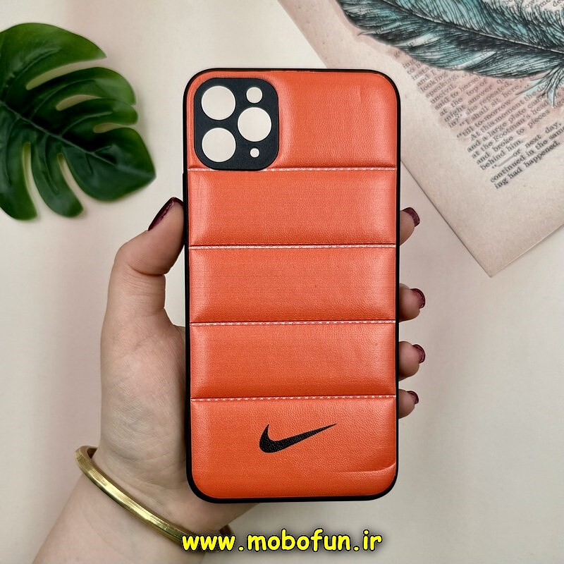 قاب گوشی iPhone 11 Pro Max آیفون پافر چرمی فانتزی Hard محافظ لنز دار طرح NIKE نارنجی کد 16097