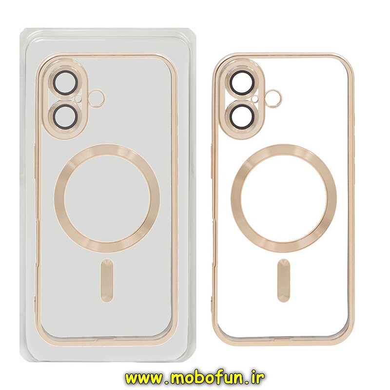 قاب گوشی iPhone 16 آیفون طرح الکتروپلیتینگ ژله ای شفاف اورجینال طرح مگ سیف محافظ لنز دار طلایی کد 29788