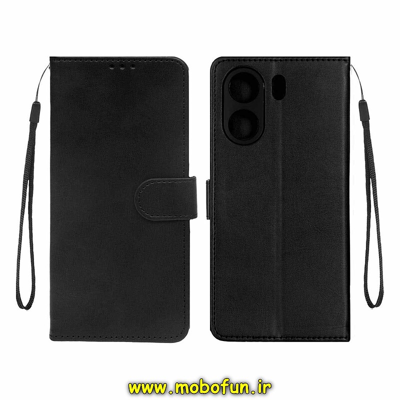 کیف گوشی Redmi 13C - Poco C65 شیائومی مگنتی طرح چرم کتابی محافظ لنزدار بنددار مشکی کد 29899