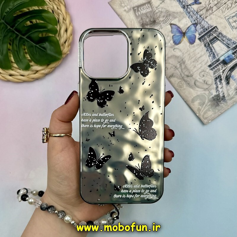 قاب گوشی iPhone 15 Pro Max آیفون اورجینال POUTAP CASE سه بعدی کرومی دستبندی طرح پروانه لاکچری کد 16238