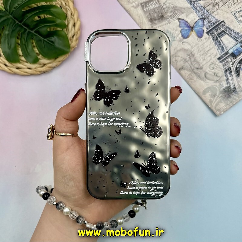 قاب گوشی iPhone 15 آیفون اورجینال POUTAP CASE سه بعدی کرومی دستبندی طرح پروانه لاکچری کد 16237