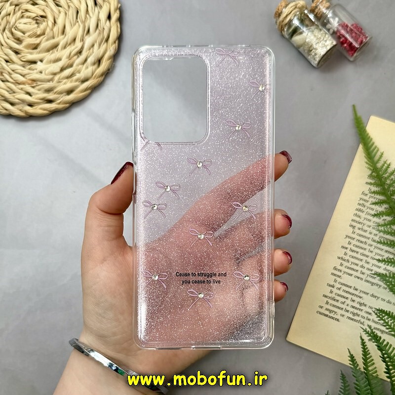 قاب گوشی Redmi Note 12 Pro Plus - Redmi Note 12 Pro 5G - Poco X5 Pro شیائومی طلقی شیشه ای شفاف اکلیلی طرح پاپیون نگین دار کد 16327