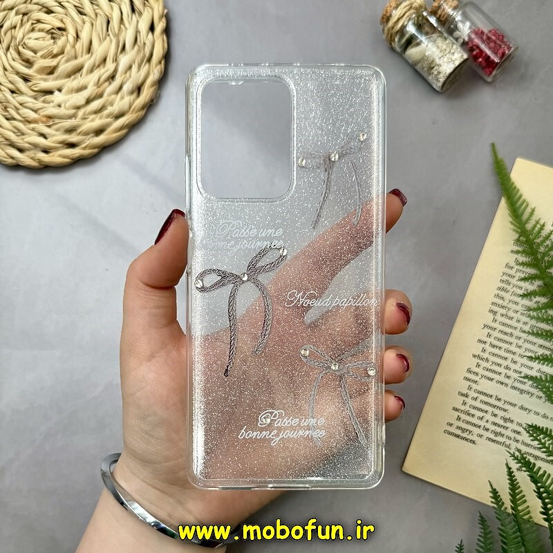 قاب گوشی Redmi Note 12 Pro Plus - Redmi Note 12 Pro 5G - Poco X5 Pro شیائومی طلقی شیشه ای شفاف اکلیلی طرح پاپیون نگین دار کد 16329