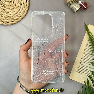 قاب گوشی Redmi Note 13 Pro 4G - Poco M6 Pro 4G شیائومی طلقی شیشه ای شفاف اکلیلی طرح پاپیون نگین دار کد 16333