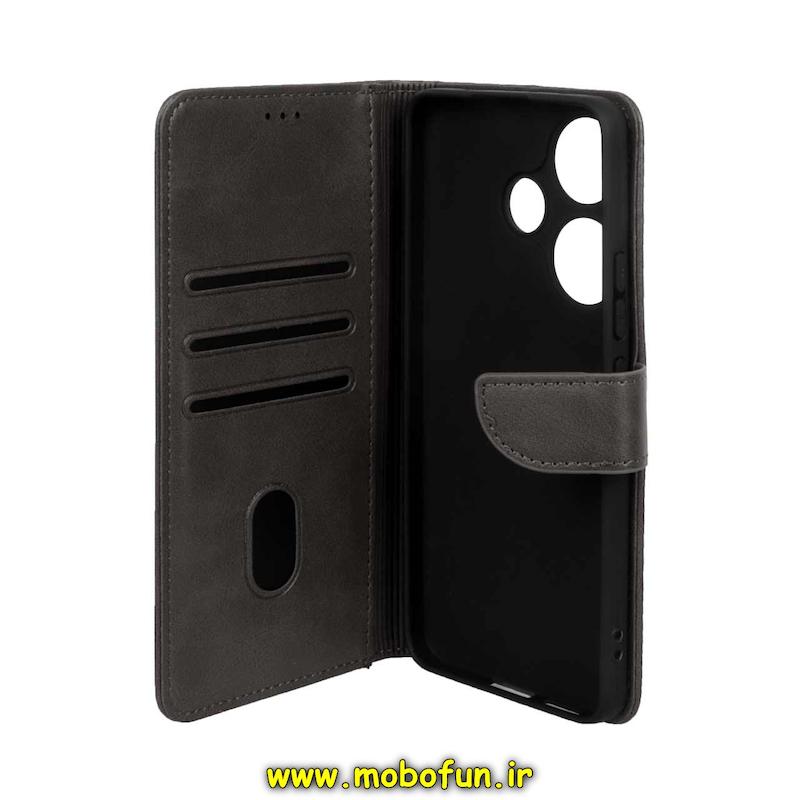 کیف گوشی Poco F6 شیائومی مگنتی طرح چرم کتابی محافظ لنزدار خاکستری کد 40701