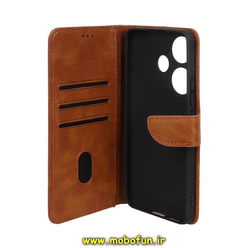 کیف گوشی Poco F6 شیائومی مگنتی طرح چرم کتابی محافظ لنزدار عسلی کد 40702