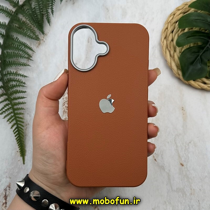 قاب گوشی iPhone 16 آیفون لدر دیزاین SOFT Lether Design طرح چرم درجه یک لوگو برجسته عسلی کد 52034