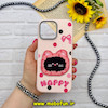 قاب گوشی iPhone 16 Pro Max آیفون لدر دیزاین SOFT Lether Design سیلیکونی فانتزی عروسکی کیوت طرح HAPPY صورتی روشن کد E21-59043