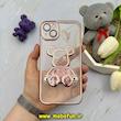 قاب گوشی iPhone 14 Plus آیفون الکتروپلیتینگ آکواریومی طرح تدی لاکچری ژله ای شفاف اورجینال محافظ لنز دار صورتی کد 61285