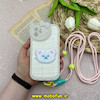 قاب گوشی iPhone 11 آیفون سیلیکونی پارچه ای خرسی تدی محافظ لنزدار دارای بند کنفی بلند کرم کد 61302
