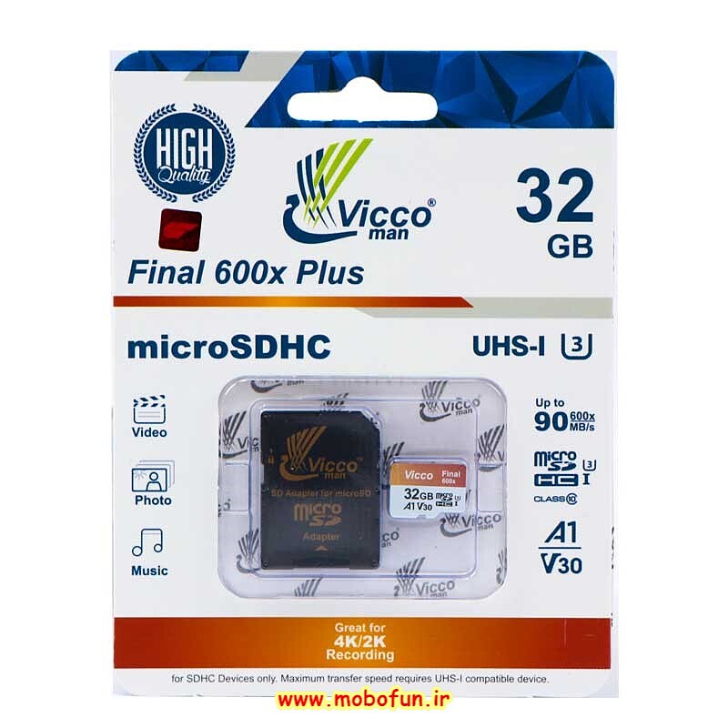 کارت حافظه 32 گیگابایت MicroSDHC ویکومن سری Final 600X Plus کلاس 10 با استاندارد UHS-I U3 و سرعت 90 MBps به همراه آداپتور SD