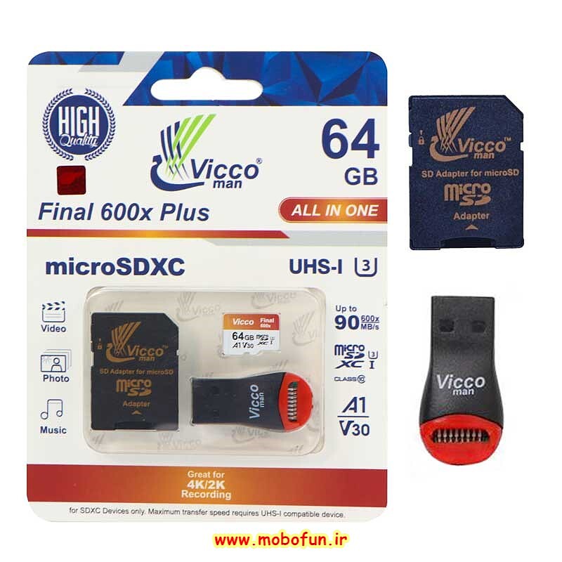 کارت حافظه 64 گیگابایت MicroSDXC ویکومن سری Final 600X Plus کلاس 10 با استاندارد UHS-I U3 و سرعت All In One 90MB/s به همراه آداپتور SD و رم ریدر