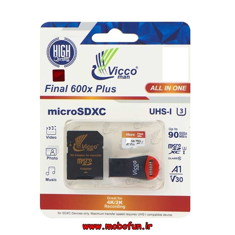 کارت حافظه 128 گیگابایت microSDHC ویکومن مدل Final 600x Plus کلاس 10 استاندارد UHS-I U3 سرعت 90MBps همراه با آداپتور SD و رم ریدر