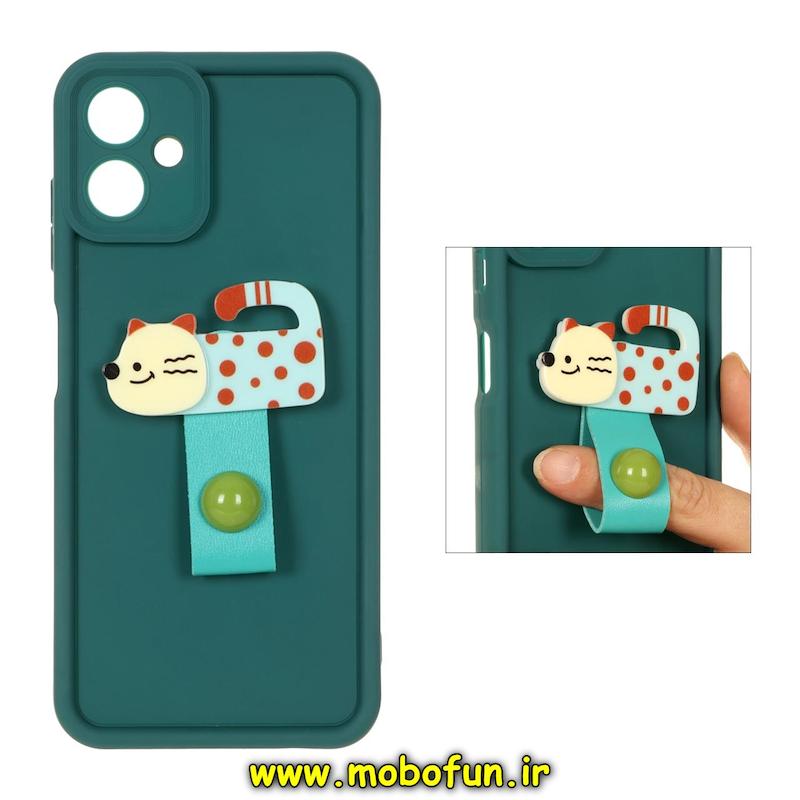 قاب گوشی Galaxy A05 سامسونگ Solid عروسکی سیلیکونی برجسته محافظ لنزدار بند انگشتی طرح گربه کیوت سبز کد 71181