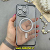 قاب گوشی iPhone 16 Pro Max آیفون الکتروپلیتینگ ژله ای شفاف اورجینال طرح مگ سیف نگین دار شاین محافظ لنز دار مشکی کد 67123