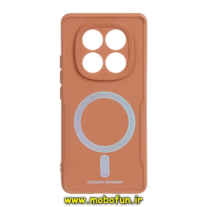 قاب گوشی Redmi Note 14 Pro 4G شیائومی سیلیکونی سوزنی دیفندر DEFENDER طرح مگ سیف محافظ لنزدار عسلی کد 73841