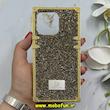 قاب گوشی iPhone 13 Pro آیفون صندوقی اورجینال شاین نگین سواروسکی پلاک آینه ای طلایی کد 86348