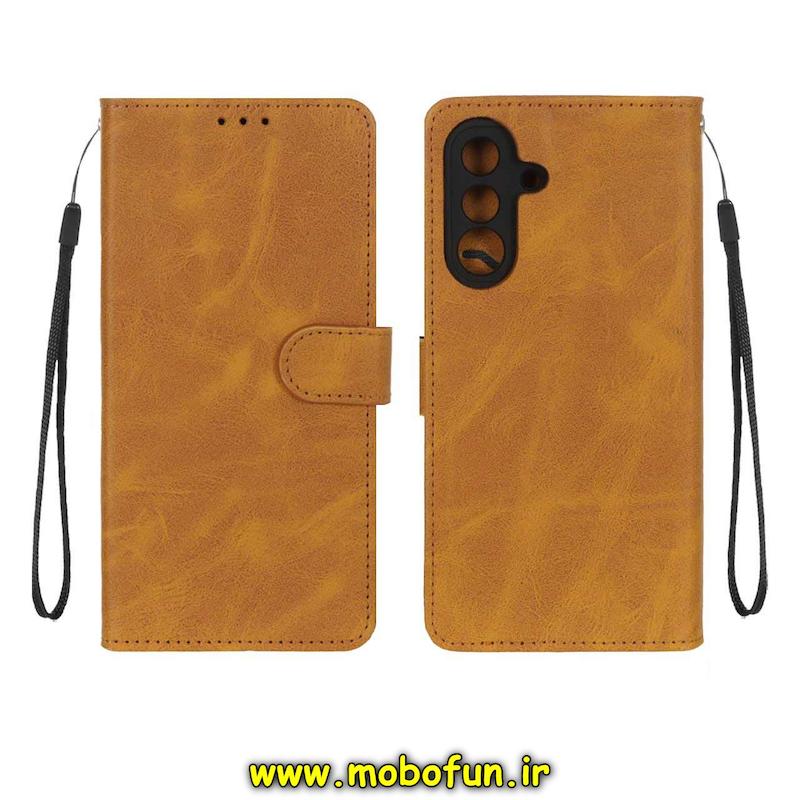 کیف گوشی Galaxy A36 / A56 سامسونگ مگنتی طرح چرم کتابی بنددار عسلی کد 75122