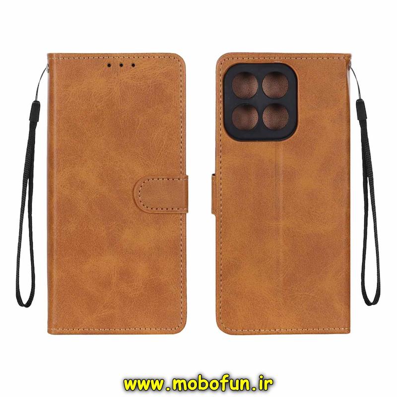 کیف گوشی Honor X6B آنر مگنتی طرح چرم کتابی محافظ لنزدار بنددار عسلی کد 75332
